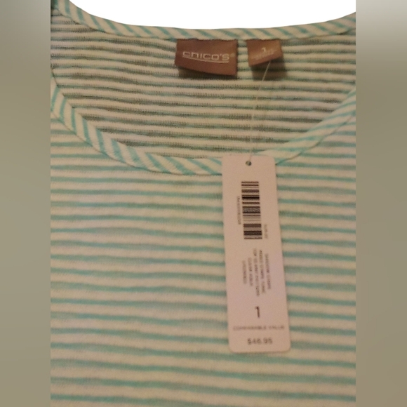 Chico's -NWT Shadow Striped Sleeveless Tunic Top, Lined Inside Front, White/Aqua - Picture 10 of 14